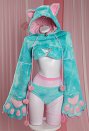 Sexy Lingerie Set Cat Style Plush Bra and Panty with Short Hoodie and Stockings
