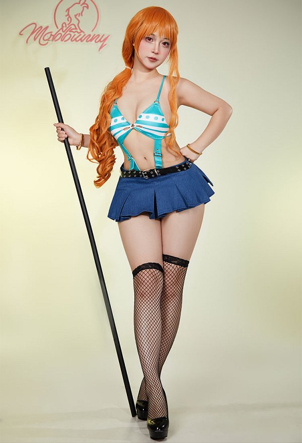 Nami Derivative Sexy Lingerie Costume Halloween Cutout Bodysuit and Mini Skirt Set with Belt Stockings Outfit