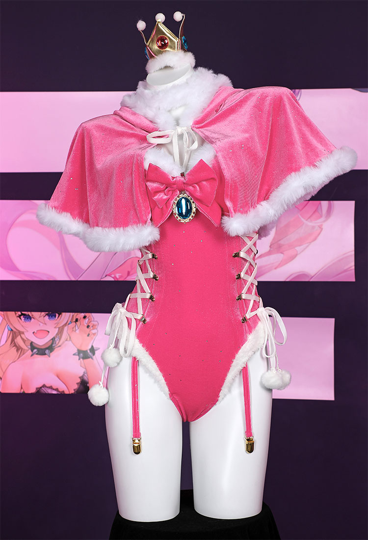 Peach Derivative Sexy Lingerie Bodysuit Plush Homewear Romper and Cloak with Gloves and Thigh Socks