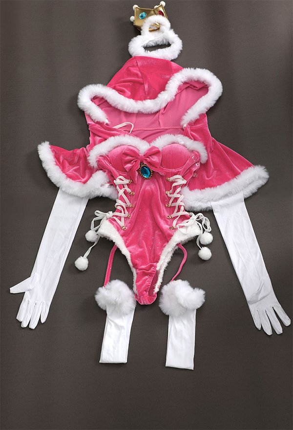 Peach Derivative Sexy Lingerie Bodysuit Plush Homewear Romper and Cloak with Gloves and Thigh Socks