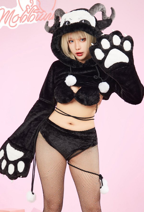 Furry Paw Sexy Lingerie Kawaii Plush Homewear Sheep Style Paw Gloves Hoodie Top and Bra Panty with Stockings
