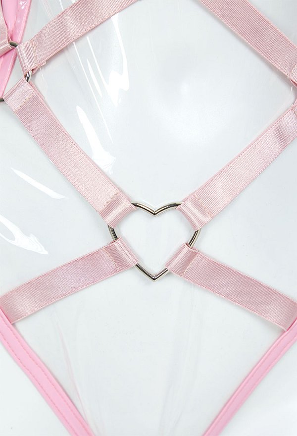 Valentine's Day Bunny Girl Sexy Lingerie Set Pink Transparent Bandage Heart Buckle Bodysuit with Hand Ring Headband