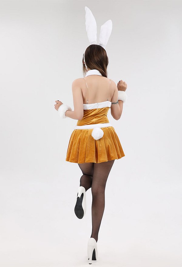 Sexy Lingerie Set Plush Brown Bunny Girl Bodysuit and Skirt Headband Bow Tie Cosplay Costume