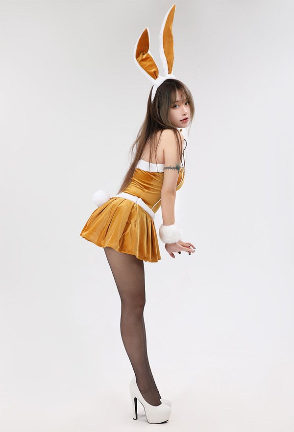 Sexy Lingerie Set Plush Brown Bunny Girl Bodysuit and Skirt Headband Bow Tie Cosplay Costume