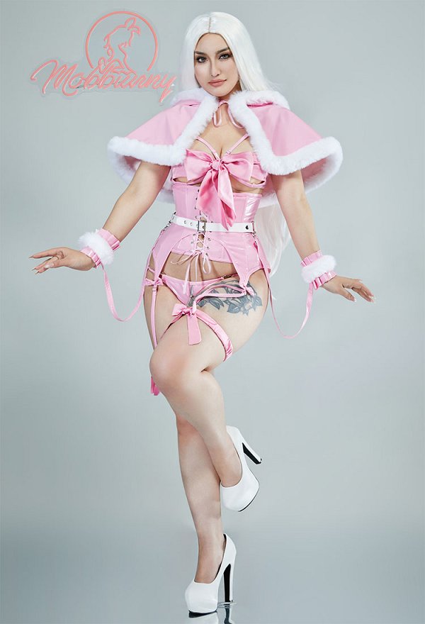 Pink Bowknot Gift Style Sexy Lingerie Set Kawaii Hooded Cape and Top Panty with Corset