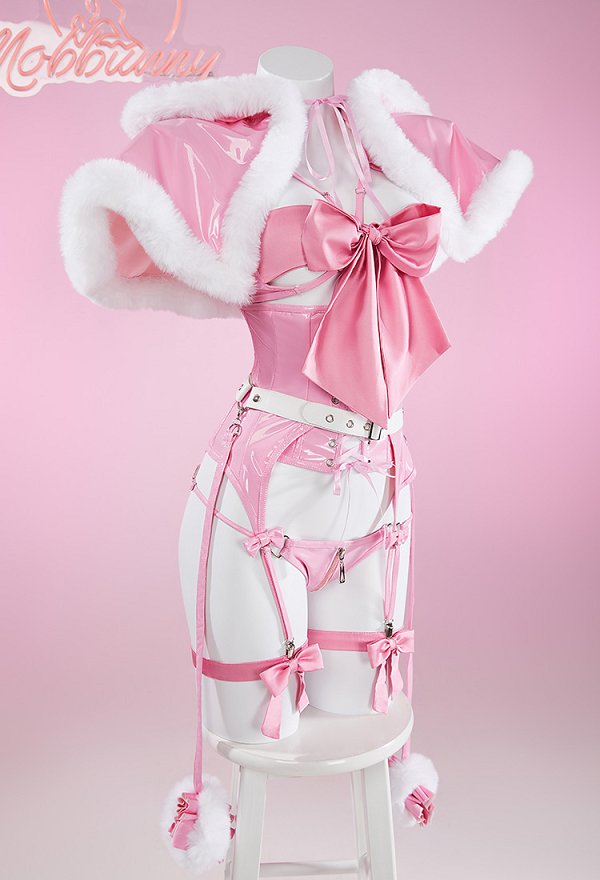 Pink Bowknot Gift Style Sexy Lingerie Set Kawaii Hooded Cape and Top Panty with Corset