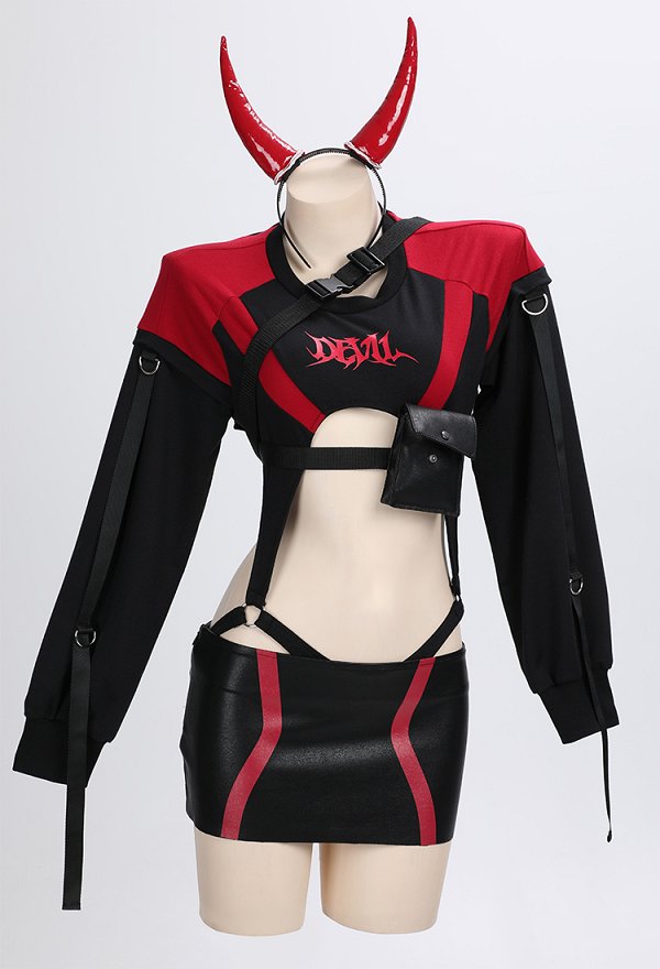 Ensemble de Combinaison de Moto Démoniaque avec Body et Jupe Courte Avec sac Banane et Bandeau