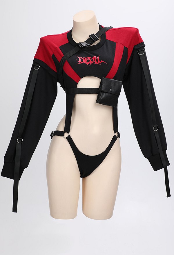 Ensemble de Combinaison de Moto Démoniaque avec Body et Jupe Courte Avec sac Banane et Bandeau