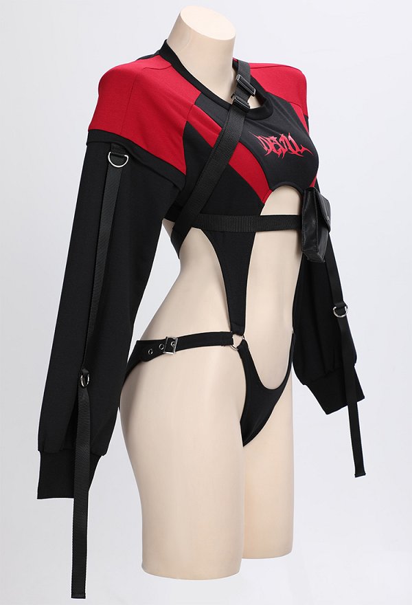 Ensemble de Combinaison de Moto Démoniaque avec Body et Jupe Courte Avec sac Banane et Bandeau