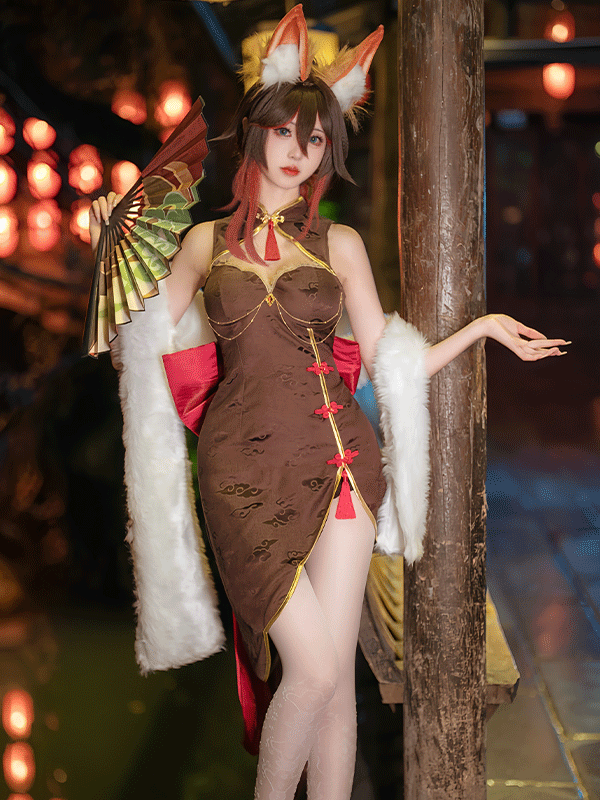 Tingyun Derivative Cheongsam Style Dress and Plush Shawl with Bracelet and Thigh Stockings Costume