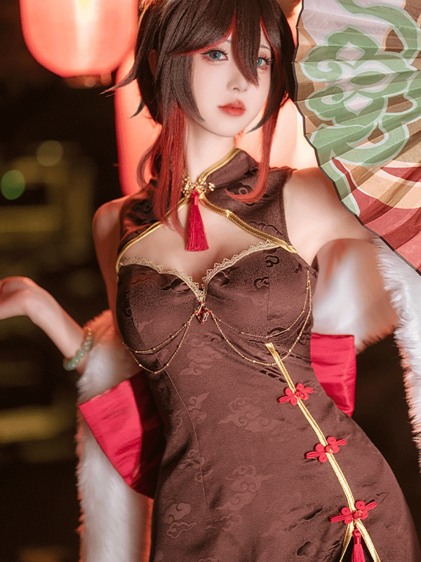 Tingyun Derivative Cheongsam Style Dress and Plush Shawl with Bracelet and Thigh Stockings Costume