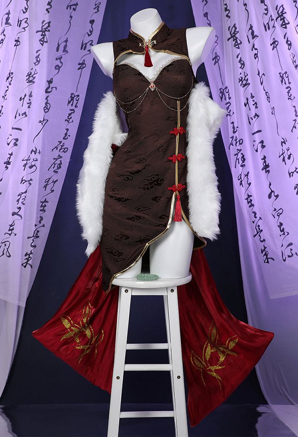 Tingyun Derivative Cheongsam Style Dress and Plush Shawl with Bracelet and Thigh Stockings Costume