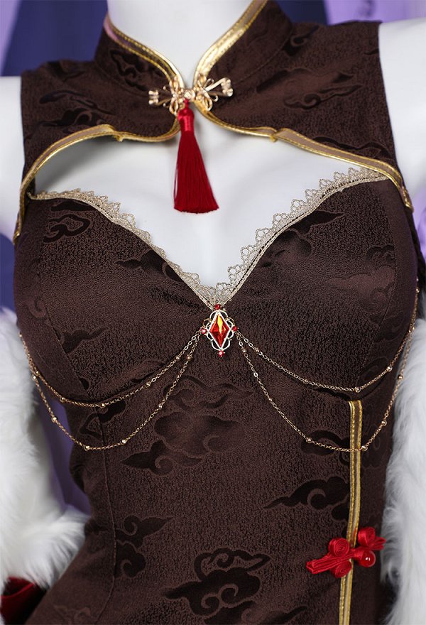 Tingyun Derivative Cheongsam Style Dress and Plush Shawl with Bracelet and Thigh Stockings Costume