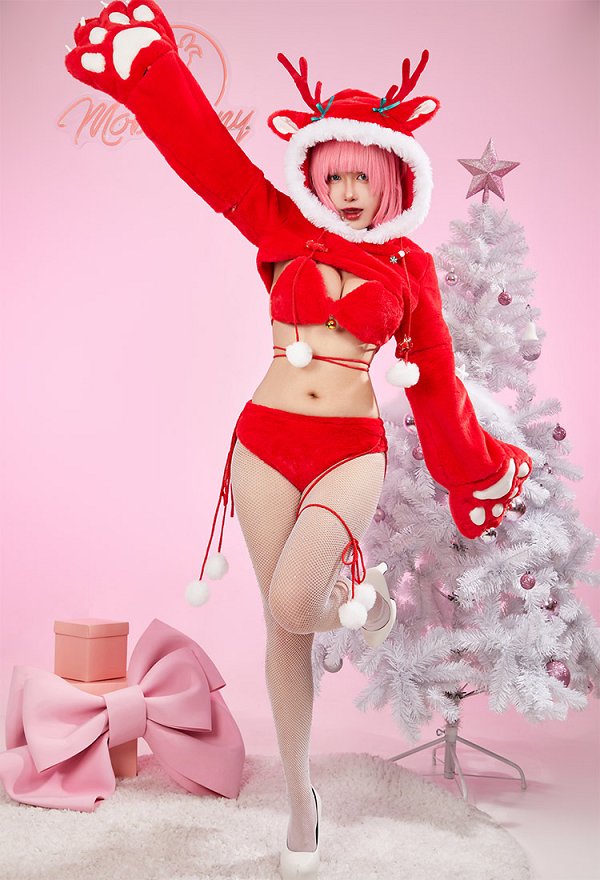 Reno Navideño Cosplay Disfraz Peludo Pata Sexy Lencería Conjunto Peluche Ropa Casera Sudadera con Capucha Guantes Sujetador y Braga