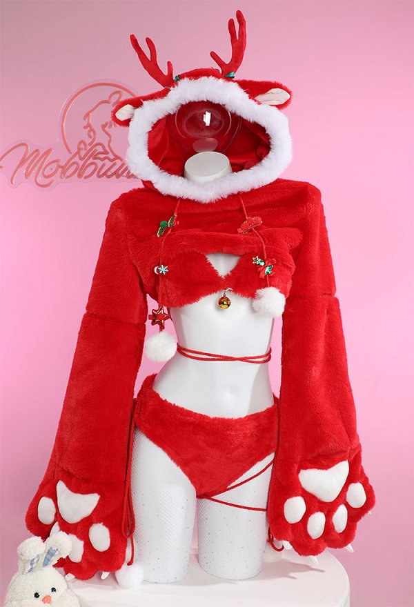 Reno Navideño Cosplay Disfraz Peludo Pata Sexy Lencería Conjunto Peluche Ropa Casera Sudadera con Capucha Guantes Sujetador y Braga
