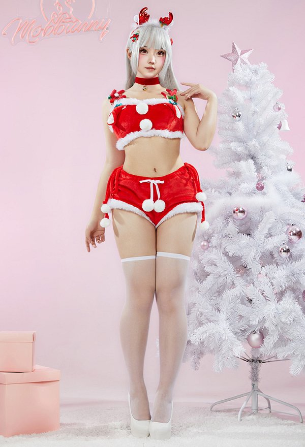 Sexy Weihnachts Elch Kostüm aus Plüsch mit kurzem Oberteil und Shorts, inklusive Haarband und Halsband Sexy Weihnachts Elch Kostüm aus Plüsch mit kurzem Oberteil und Shorts, inklusive Haarband und Halsband