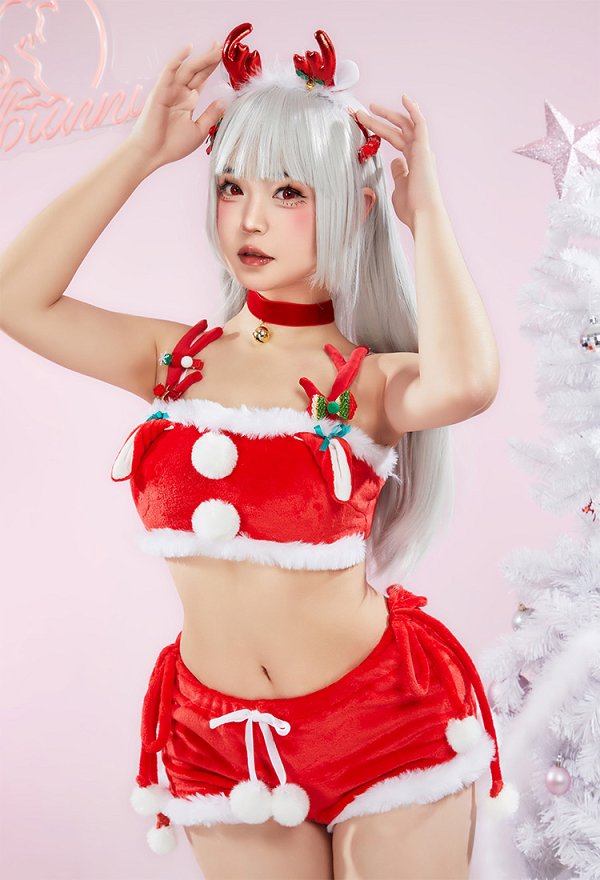Sexy Weihnachts Elch Kostüm aus Plüsch mit kurzem Oberteil und Shorts, inklusive Haarband und Halsband Sexy Weihnachts Elch Kostüm aus Plüsch mit kurzem Oberteil und Shorts, inklusive Haarband und Halsband