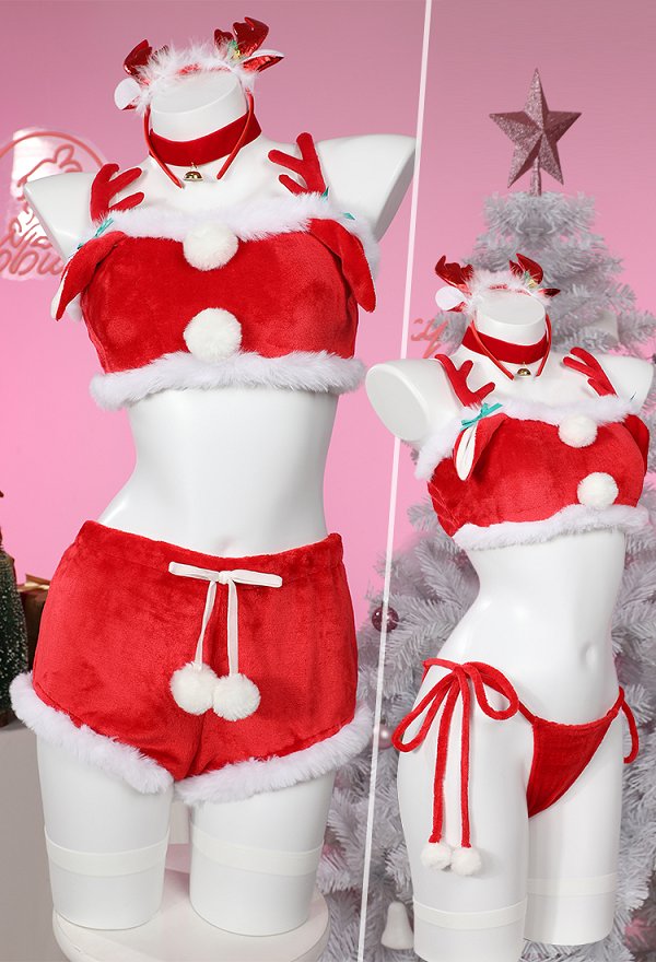 Sexy Weihnachts Elch Kostüm aus Plüsch mit kurzem Oberteil und Shorts, inklusive Haarband und Halsband Sexy Weihnachts Elch Kostüm aus Plüsch mit kurzem Oberteil und Shorts, inklusive Haarband und Halsband