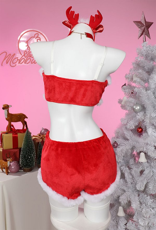 Sexy Weihnachts Elch Kostüm aus Plüsch mit kurzem Oberteil und Shorts, inklusive Haarband und Halsband Sexy Weihnachts Elch Kostüm aus Plüsch mit kurzem Oberteil und Shorts, inklusive Haarband und Halsband