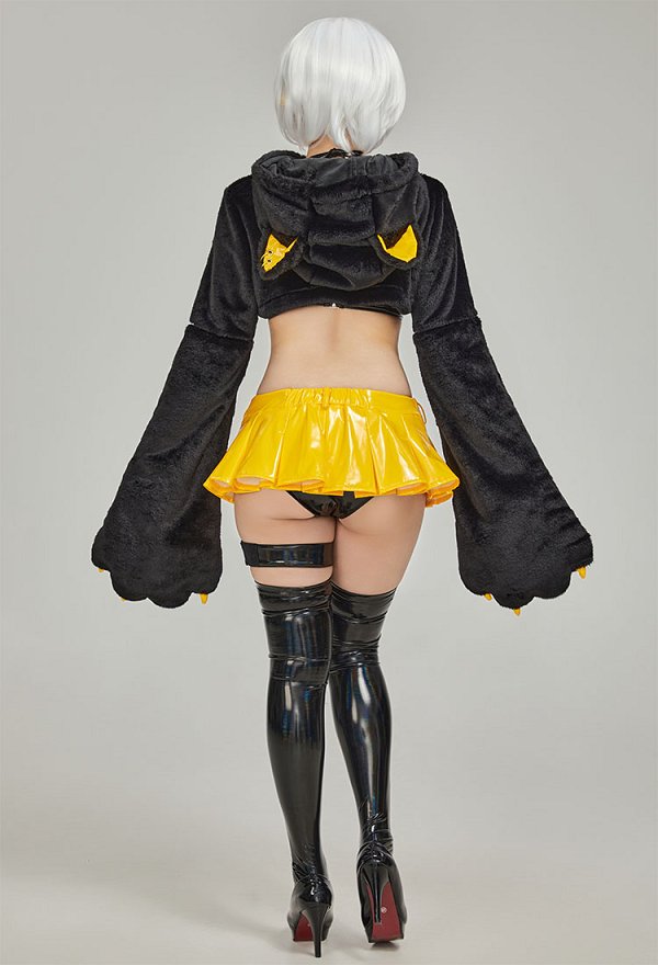 Sexy Dessous Set im Motorrad Stil Gothic Gelb Kapuzenpullover Lingerie Top großer Pfote Minirock Strümpfen