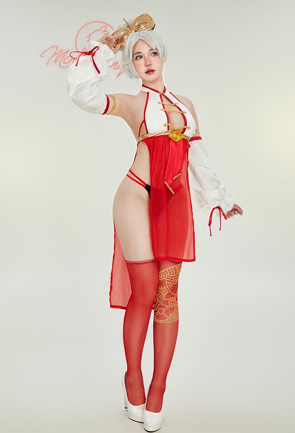 Purah Derivative Sexy Lingerie Set Halter Backless Top and Panty with Arm Sleeves and Stockings
