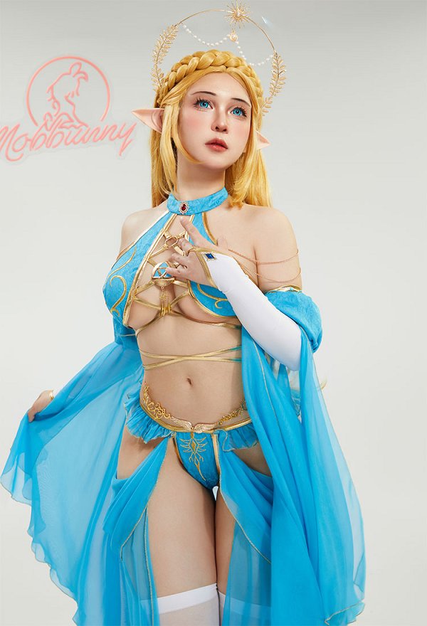 Disfraz de Cosplay Conjunto de Lencería Derivado de la Princesa Zelda, Sostén con Cuello y Braguita Triangular junto con Medias de los Muslos y Falda de Gasa
