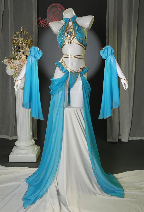 Disfraz de Cosplay Conjunto de Lencería Derivado de la Princesa Zelda, Sostén con Cuello y Braguita Triangular junto con Medias de los Muslos y Falda de Gasa