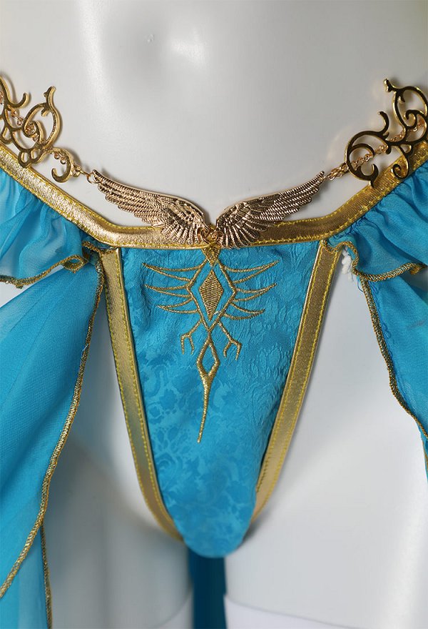 Disfraz de Cosplay Conjunto de Lencería Derivado de la Princesa Zelda, Sostén con Cuello y Braguita Triangular junto con Medias de los Muslos y Falda de Gasa