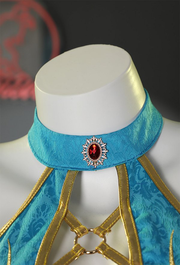 Disfraz de Cosplay Conjunto de Lencería Derivado de la Princesa Zelda, Sostén con Cuello y Braguita Triangular junto con Medias de los Muslos y Falda de Gasa
