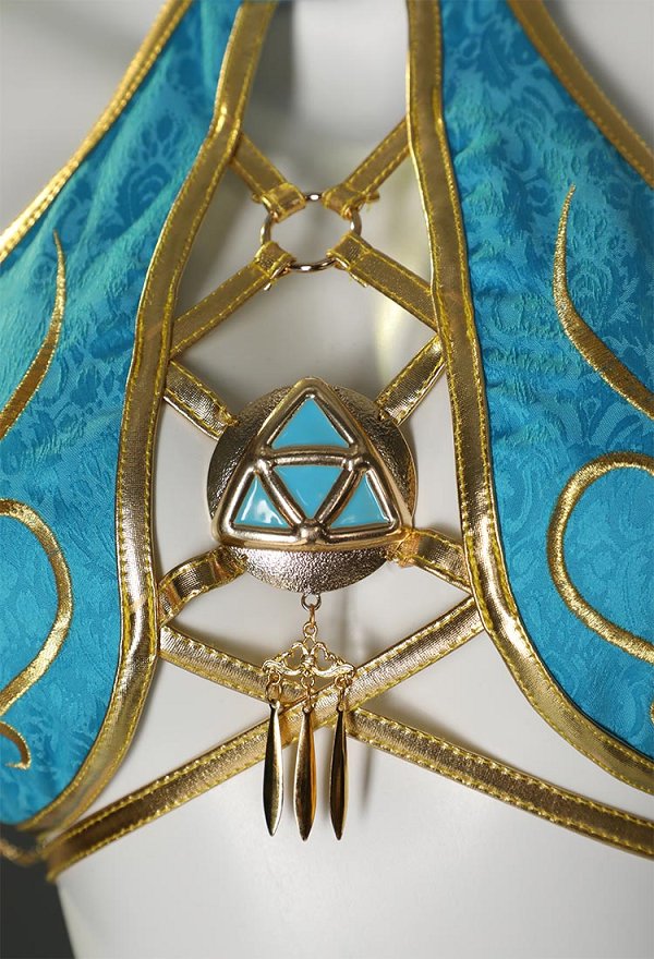 Disfraz de Cosplay Conjunto de Lencería Derivado de la Princesa Zelda, Sostén con Cuello y Braguita Triangular junto con Medias de los Muslos y Falda de Gasa
