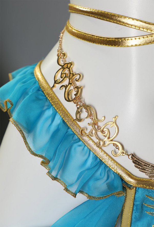Disfraz de Cosplay Conjunto de Lencería Derivado de la Princesa Zelda, Sostén con Cuello y Braguita Triangular junto con Medias de los Muslos y Falda de Gasa