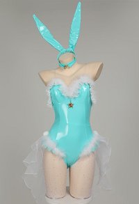 Sexy Dessous Bunny Girl Kostüm Lingerie blauer Bodysuit Chiffonrock mit Stirnband Handschuhen