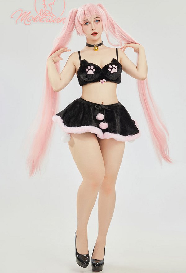 Disfraz de Cosplay Conjunto de Lencería Sexy en Estilo de Gato de Peluche con Sostén de Tres Piezas y Braguita con una Mini Falda y Collar