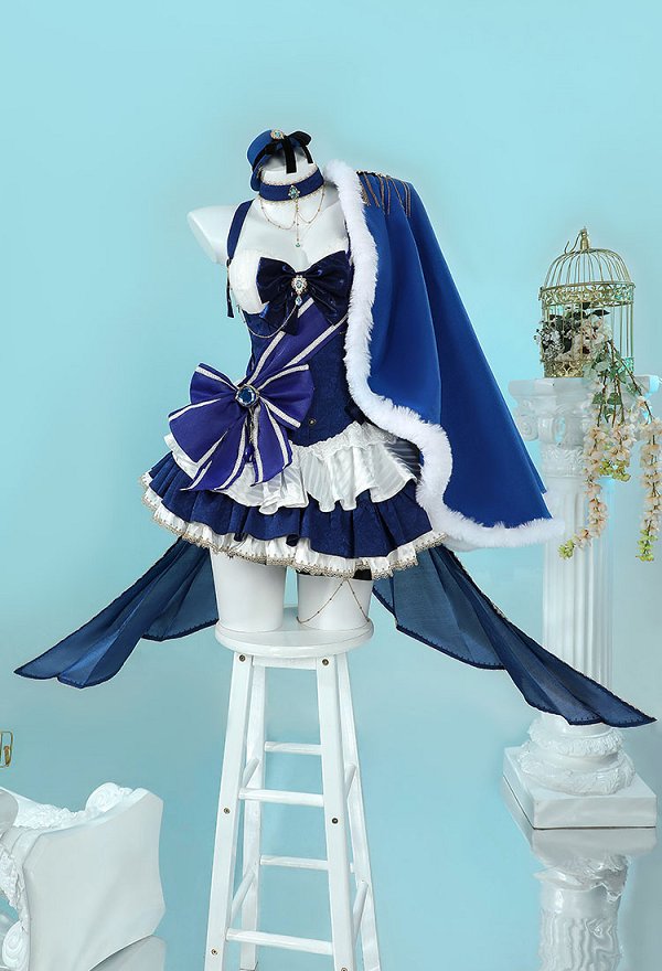 Furina Derivative Dress Set Kawaii Blue White Short Dress and Hat with Bow Stockings Cosplay Costume