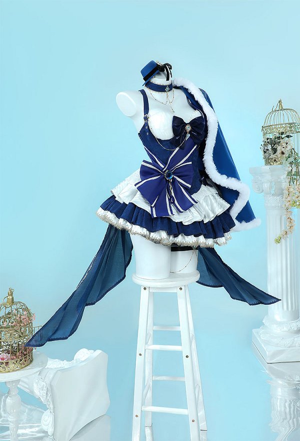 Furina Derivative Dress Set Kawaii Blue White Short Dress and Hat with Bow Stockings Cosplay Costume