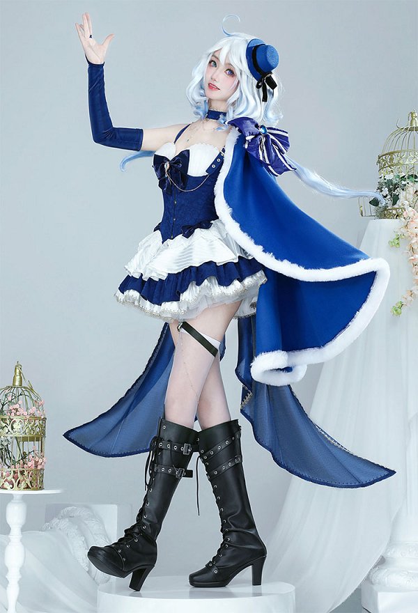 Furina Derivative Dress Set Kawaii Blue White Short Dress and Hat with Bow Stockings Cosplay Costume