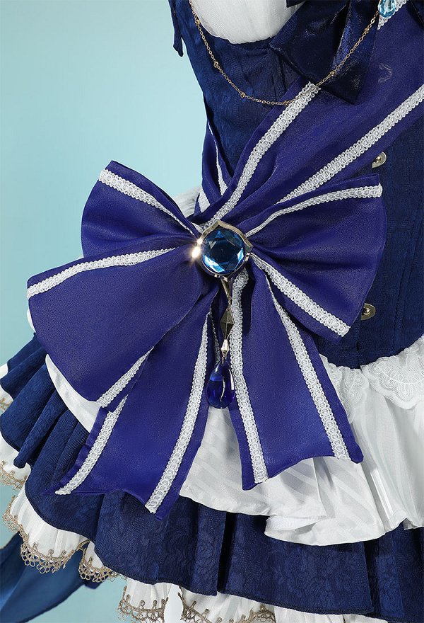 Furina Derivative Dress Set Kawaii Blue White Short Dress and Hat with Bow Stockings Cosplay Costume