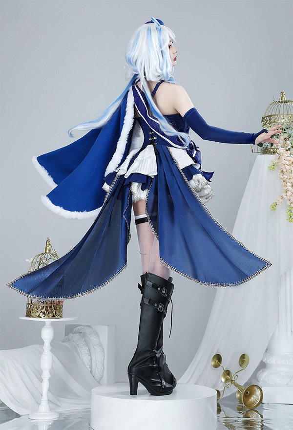 Furina Derivative Dress Set Kawaii Blue White Short Dress and Hat with Bow Stockings Cosplay Costume