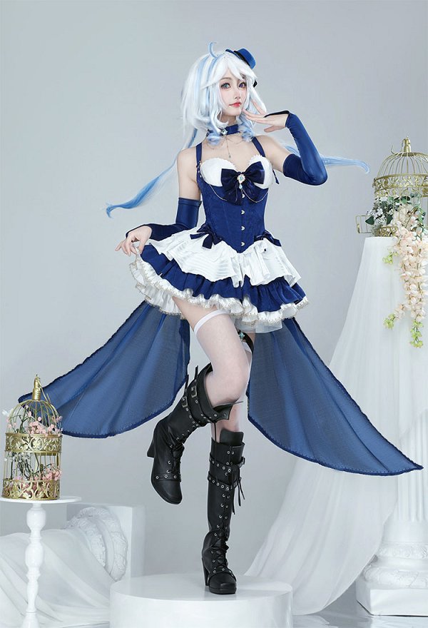 Furina Derivative Dress Set Kawaii Blue White Short Dress and Hat with Bow Stockings Cosplay Costume