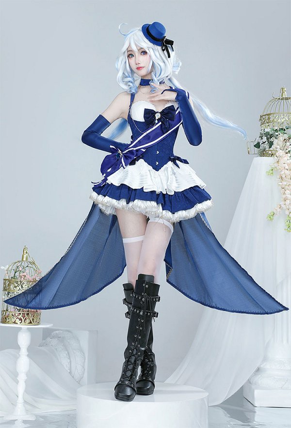 Furina Derivative Dress Set Kawaii Blue White Short Dress and Hat with Bow Stockings Cosplay Costume