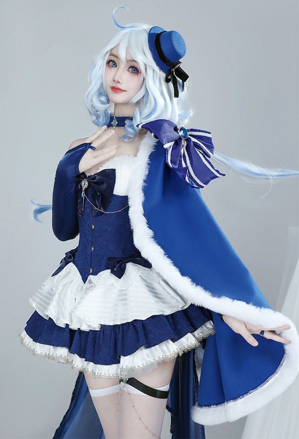 Furina Derivative Dress Set Kawaii Blue White Short Dress and Hat with Bow Stockings Cosplay Costume