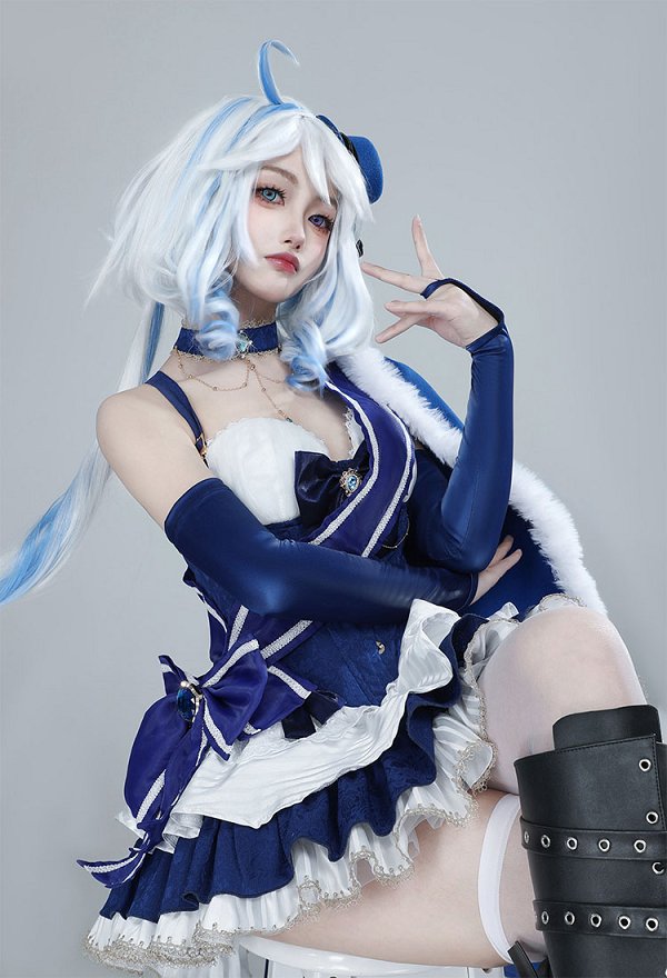 Furina Derivative Dress Set Kawaii Blue White Short Dress and Hat with Bow Stockings Cosplay Costume