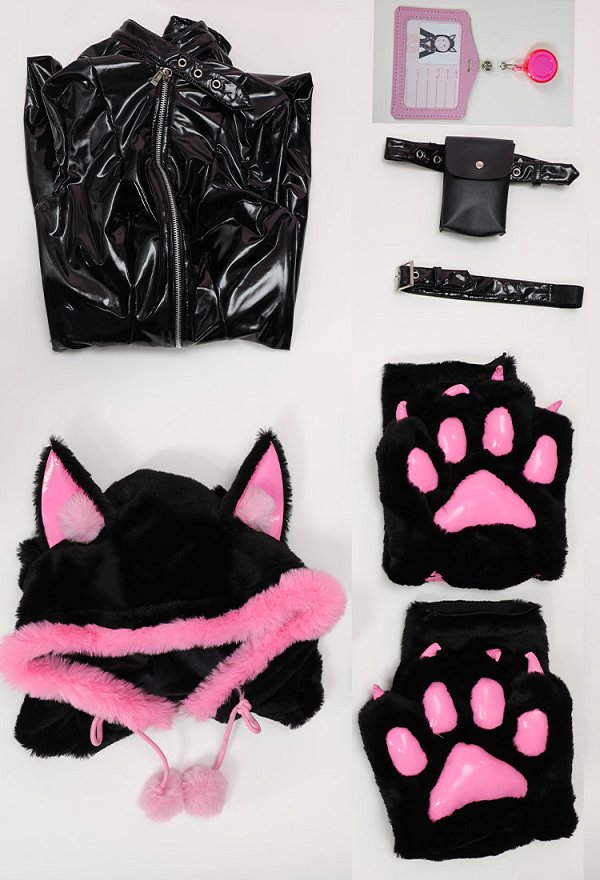 Sexy Leather Jumpsuit V-neck Tight Bodysuit and Hooded Sweatshirt with Furry Paw Gloves and Chest Plate Cosplay Costume