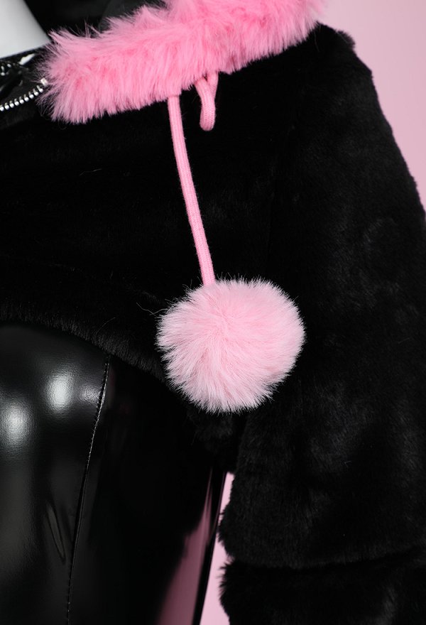 Sexy Leather Jumpsuit V-neck Tight Bodysuit and Hooded Sweatshirt with Furry Paw Gloves and Chest Plate Cosplay Costume