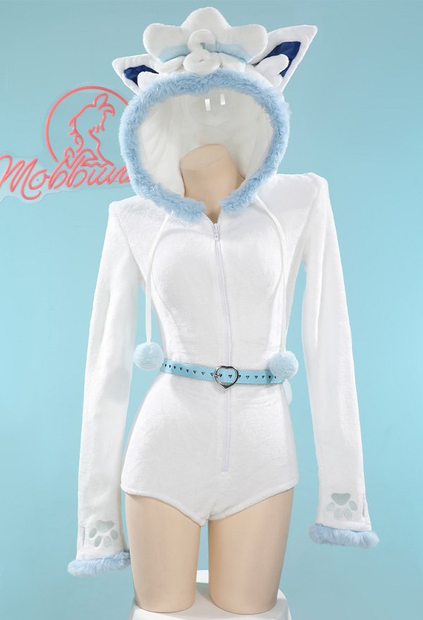 PM Derivative Fluffy Bodycon Romper Sexy Lingeire Blanco Azul Peludo Body con Capucha con Cinturón de Cola y Calcetines PM Derivative Fluffy Bodycon Romper Sexy Lingeire Blanco Azul Peludo Body con Capucha con Cinturón de Cola y Calcetines