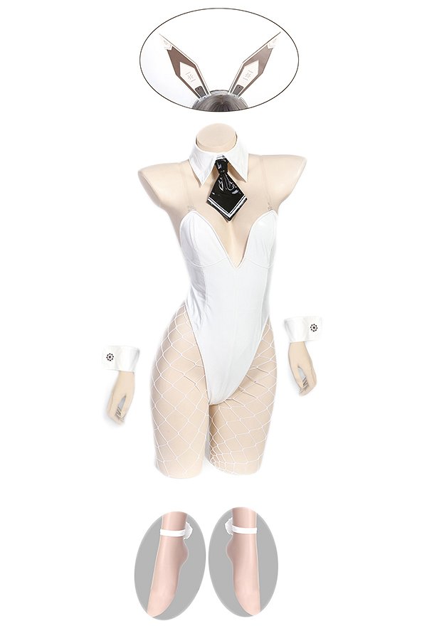 Blanc White Bunny Girl Dérivé Ensemble de Lingerie Sexy Justaucorps en Cuir Verni Sexy avec Oreille de Lapin pour Femme