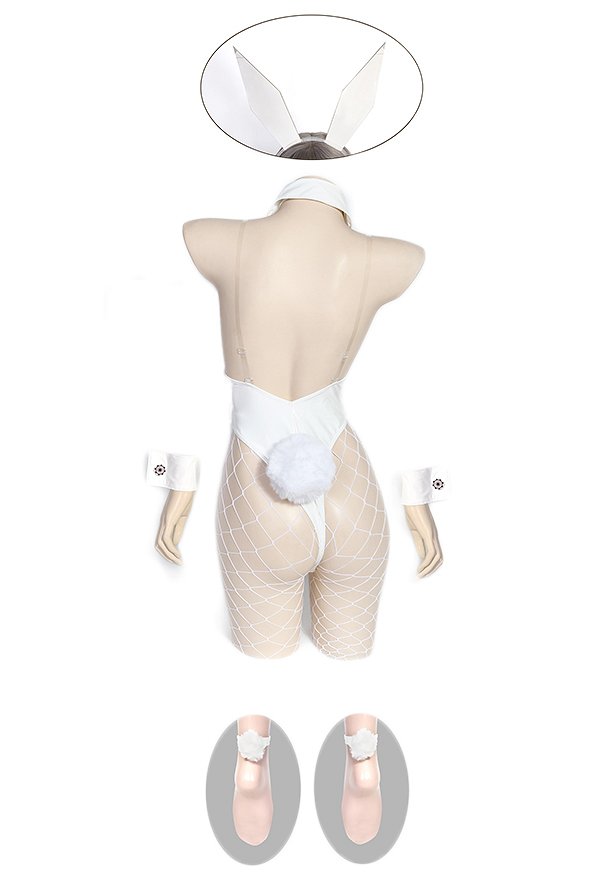 Blanc White Bunny Girl Dérivé Ensemble de Lingerie Sexy Justaucorps en Cuir Verni Sexy avec Oreille de Lapin pour Femme