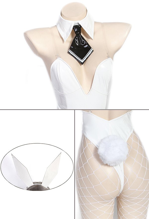 Blanc White Bunny Girl Dérivé Ensemble de Lingerie Sexy Justaucorps en Cuir Verni Sexy avec Oreille de Lapin pour Femme