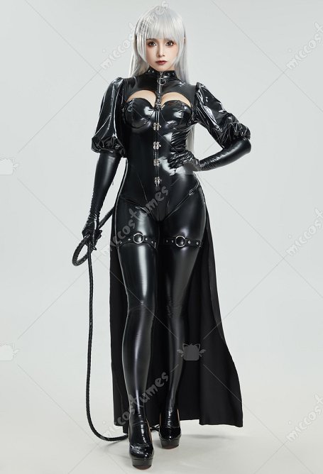 Disfraz de Cosplay Mono de cuero negro estilo gótico de una sola pieza con dobladillo de falda y pulsera de pierna