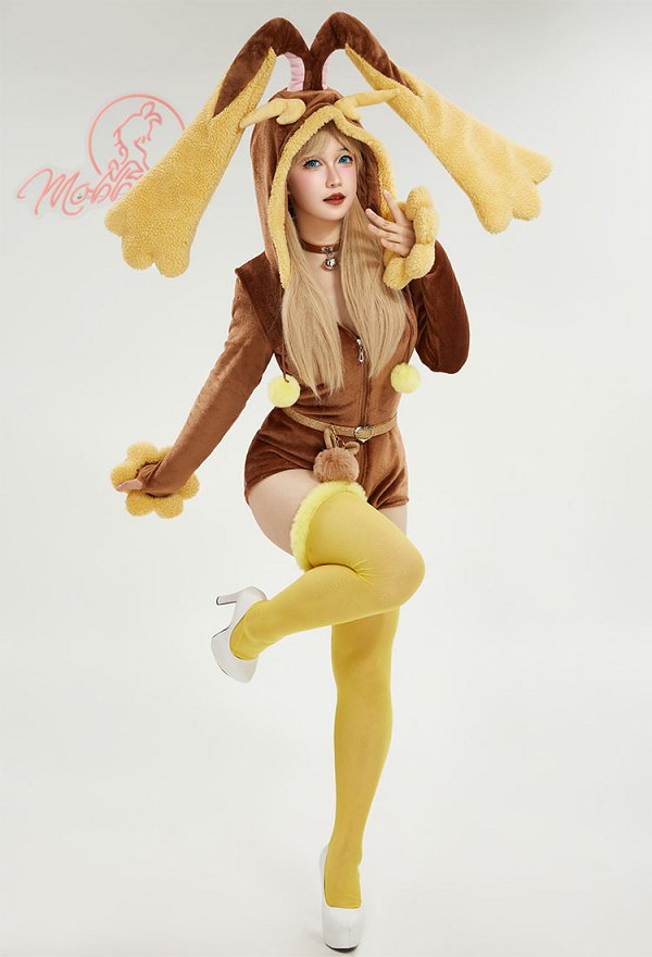 PM Dérivé Homewear en Peluche Bodysuit Brun Moelleux à Capuche avec Bas de Cuisse et Tour de Cou